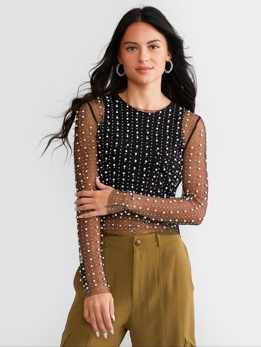 Crystal & Pearl Embellished Long Sleeve Mesh Top - Black